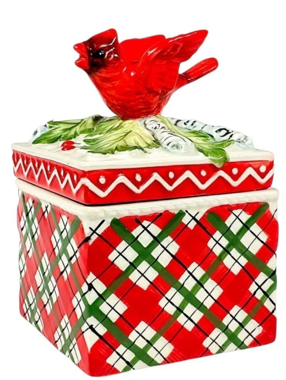 FITZ & FLOYD Winter Claus Lidded Box Red Canary Hand Painted